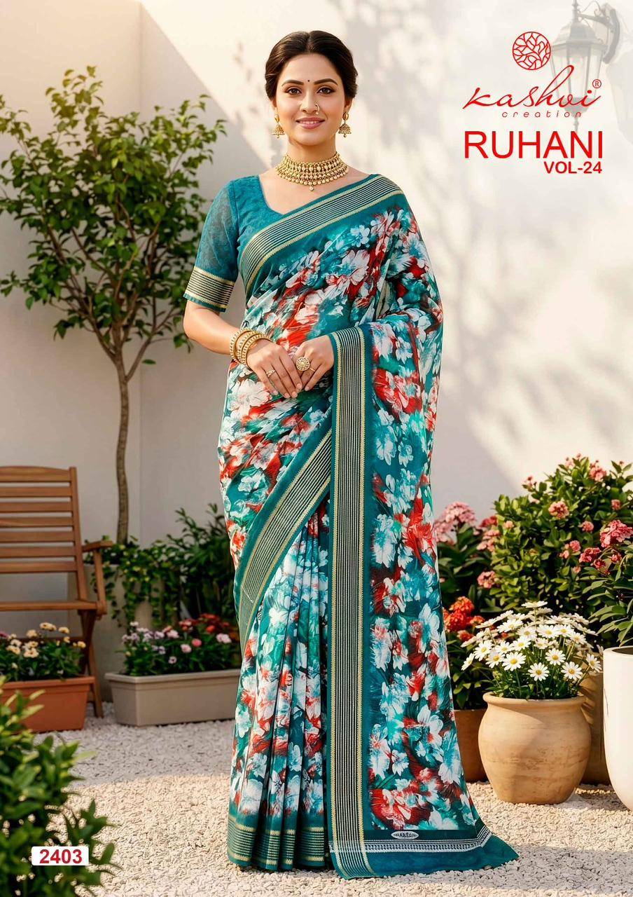 RUHANI VOL. 24 By KASHVI CREATION 2401 To 2408 Series Indian Traditional Wear Collection Beautiful Stylish Fancy Colorful Casuals Wear DULL MOSS ZARI PATTA Sarees At Wholesale Price